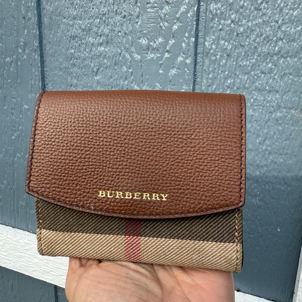 Burberry Brown Leather & Check Trifold Wallet with Red Stripe